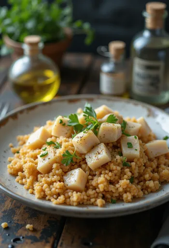 Fisch-Harees serviert mit Bulgur und frischem Koriander