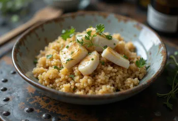 Fisch-Harees serviert mit Bulgur und frischem Koriander