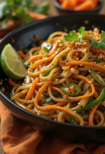 Mee Goreng mit Gemüse in einer Schale, asiatische Nudeln mit Sojasauce und knackigem Gemüse