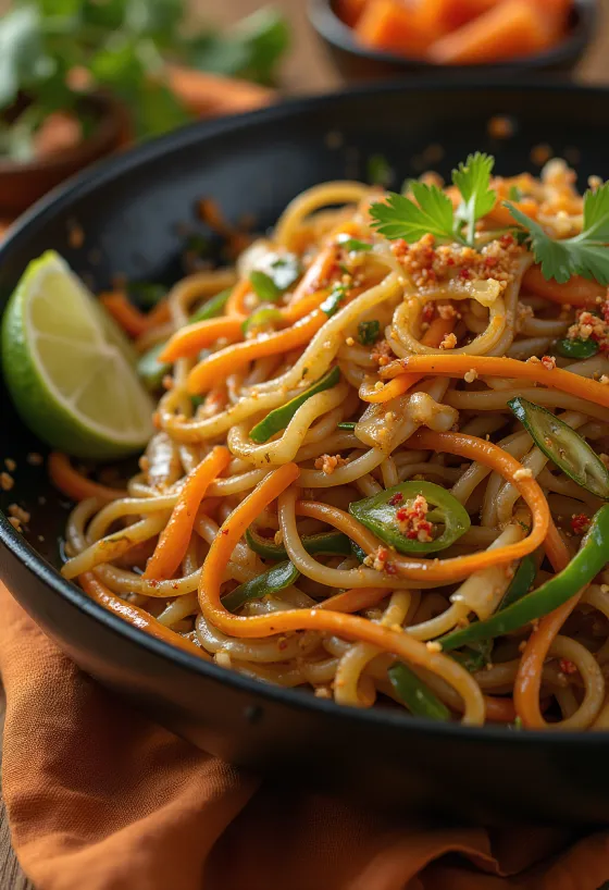Mee Goreng mit Gemüse in einer Schale, asiatische Nudeln mit Sojasauce und knackigem Gemüse