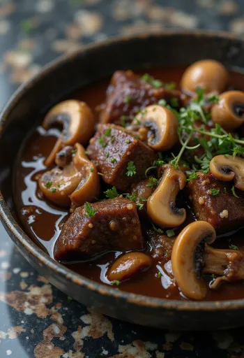 Elchgulasch mit Pilzen in einer rustikalen Schüssel serviert.