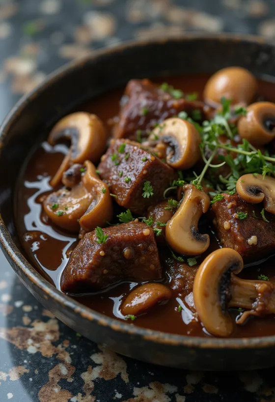 Elchgulasch mit Pilzen in einer rustikalen Schüssel serviert.