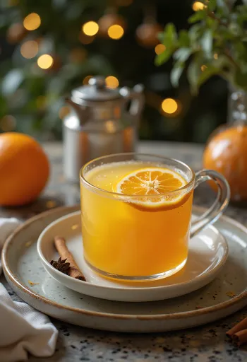 Orangen-Holunder-Punsch, wärmendes Getränk, garniert mit Orangenscheiben und Holunderblüten