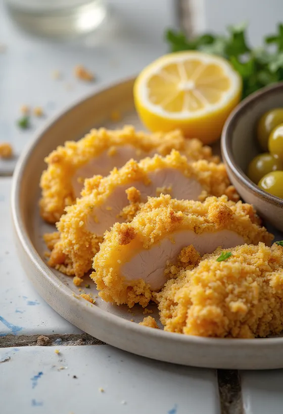 Goldbraun gebackenes Schweineschnitzel mit knuspriger Panade und Zitronenscheiben