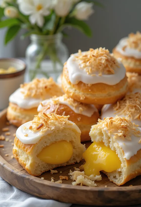 Goldbraunes Skolebrød mit Vanillepuddingkern und Kokosrand