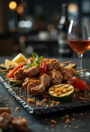 Suya mit gegrilltem Gemüse, mit frischem Koriander garniert