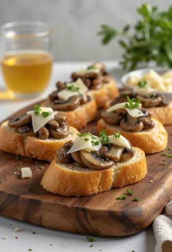 Bruschetta mit Pilzen und Knoblauch serviert auf knusprigem Brot