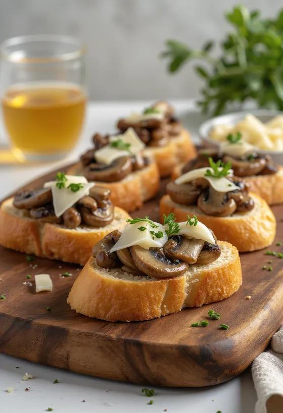 Bruschetta mit Pilzen und Knoblauch serviert auf knusprigem Brot
