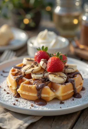 Dessert-Waffel mit geschmolzener Schokolade und Früchten
