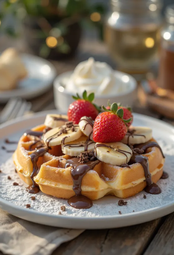 Dessert-Waffel mit geschmolzener Schokolade und Früchten