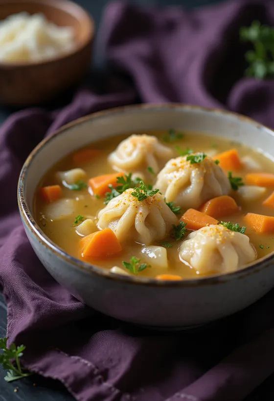Heiße Gemüsesuppe mit weichen Hausmacher-Nockerln, serviert in einem tiefen Teller.