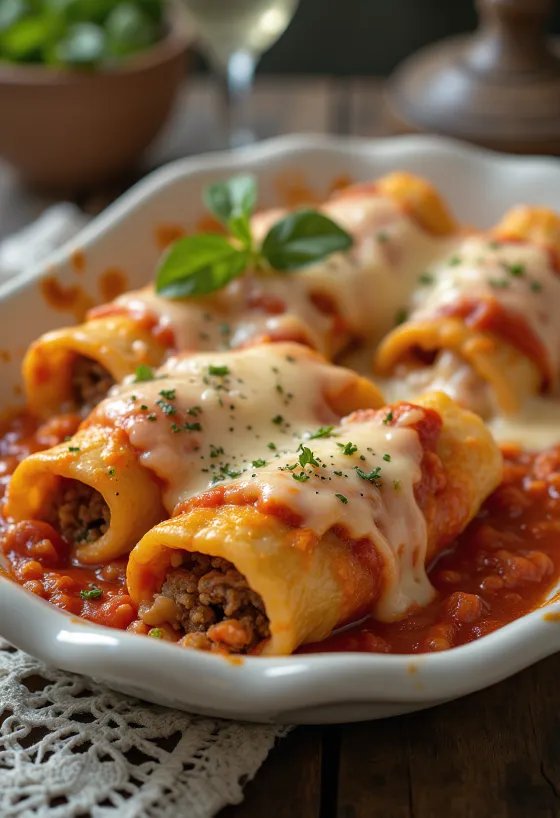 Cannelloni mit Fleischfüllung, Tomatensauce und geschmolzenem Käse