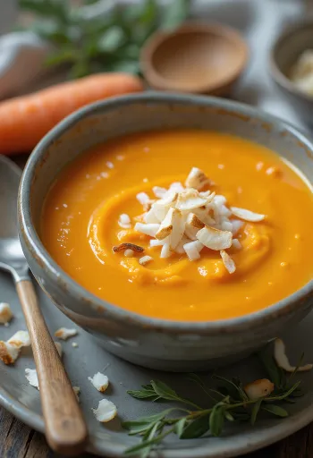 Kokos-Möhrencremesuppe mit Honig serviert