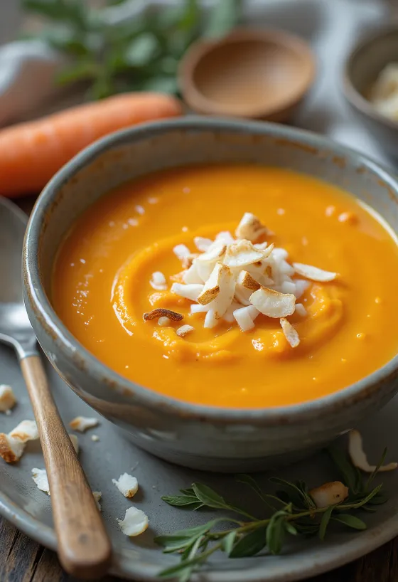 Kokos-Möhrencremesuppe mit Honig serviert