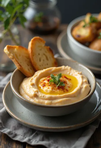 Auberginencreme mit gerösteter Paprika serviert