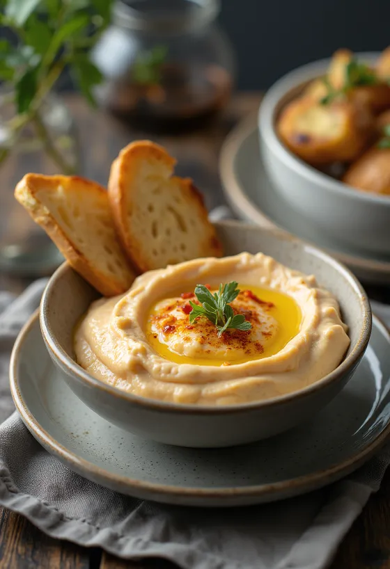 Auberginencreme mit gerösteter Paprika serviert