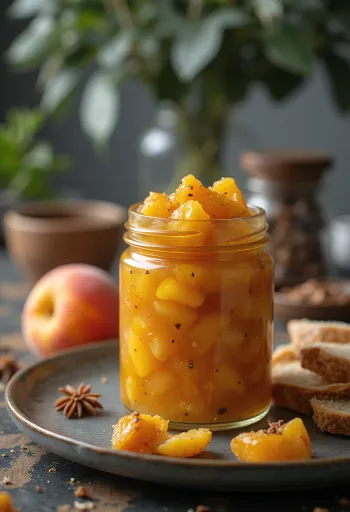 Pfirsich-Chutney im Glas, satte orangefarbene, würzige Sauce