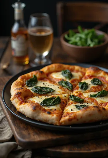 Pizza nach tibetischer Art serviert mit Yak-Käse und frischem Spinat