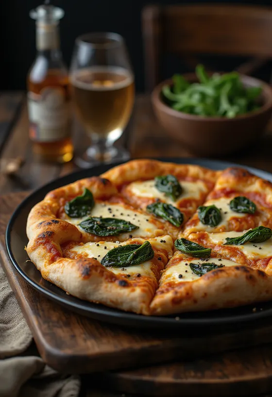 Pizza nach tibetischer Art serviert mit Yak-Käse und frischem Spinat