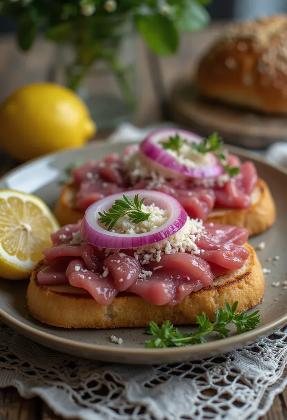 Smørrebrød mit gebratenem Roastbeef, Meerrettich, Räucherlachs und frischer Petersilie