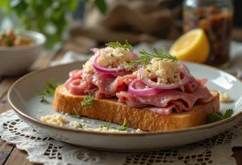 Smørrebrød mit gebratenem Roastbeef, Meerrettich, Räucherlachs und frischer Petersilie