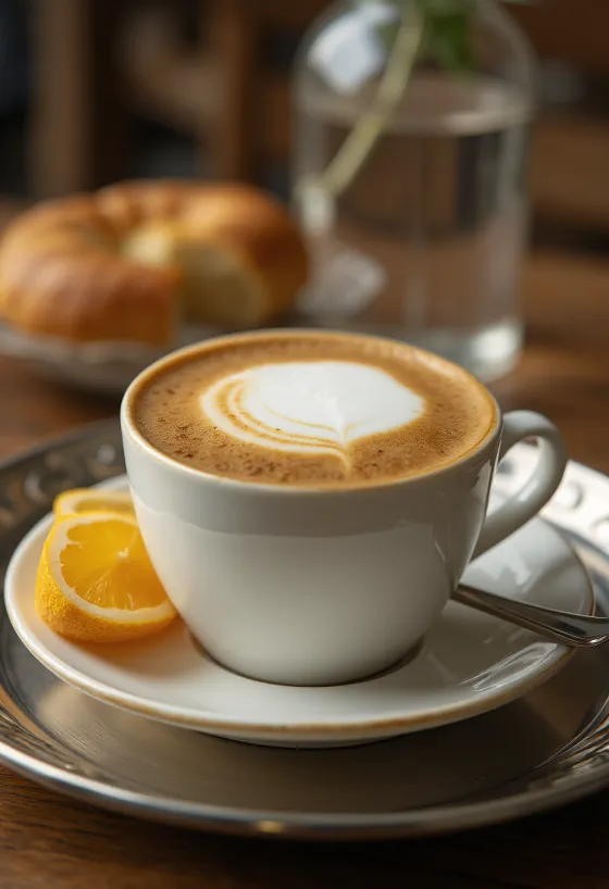 Zimt-Ingwer-Latte, Kaffeegetränk garniert mit Zimtstange und Ingwer