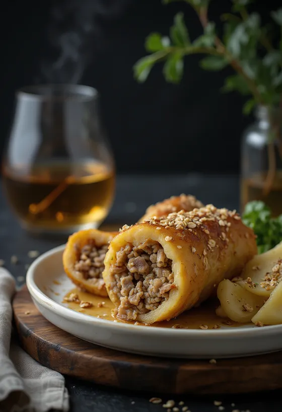 Haggis serviert mit Kartoffeln und Steckrüben