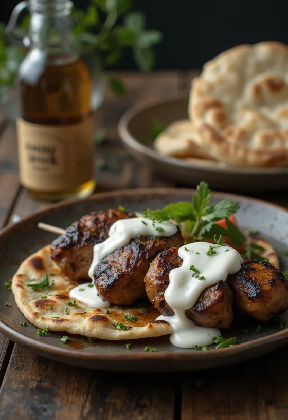 Joghurt-Kebab, serviert im Pita mit Joghurtsauce und frischer Petersilie