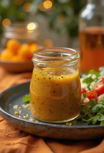 Honig-Senf-Balsamico-Dressing serviert.