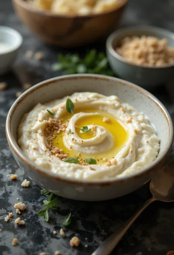 Auberginencreme mit Tahini serviert