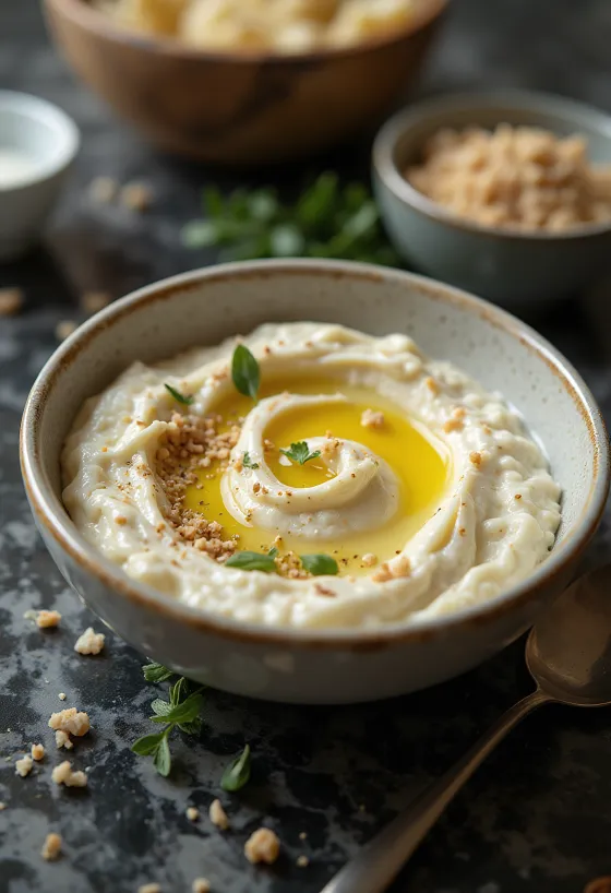 Auberginencreme mit Tahini serviert