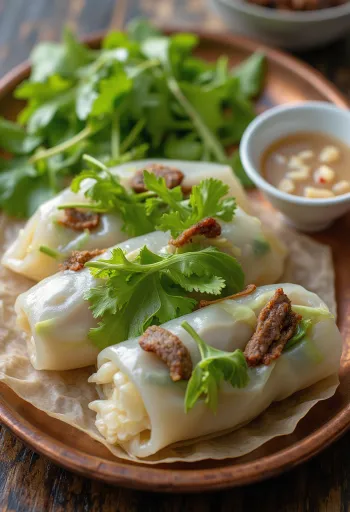 Pho Cuon mit Knoblauchsauce, frische Reispapierrollen mit gebratenem Fleisch und Gemüse