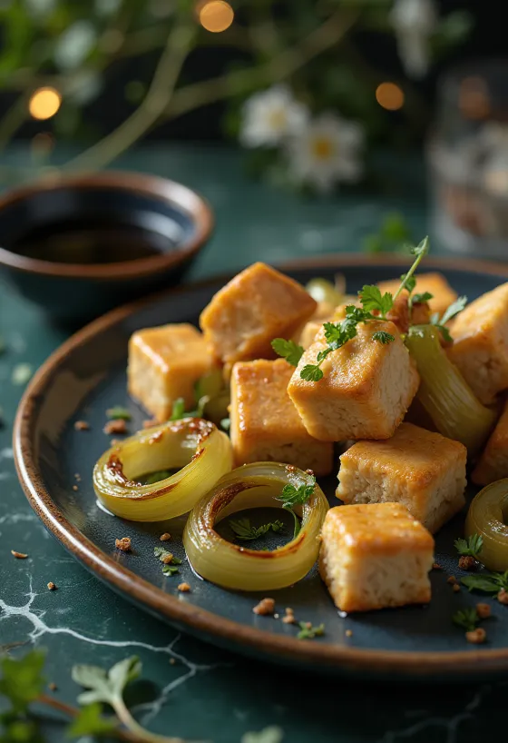Prebiotischer gebratener Tofu serviert mit würzigem Lauch, goldbraun gebacken