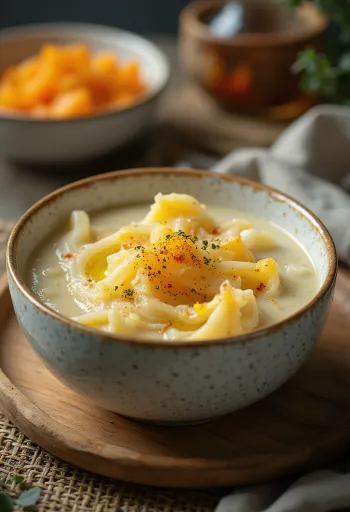 Cremiges Kürbisgemüse mit Dill und Schmand, serviert mit einem knusprigen Brötchen.