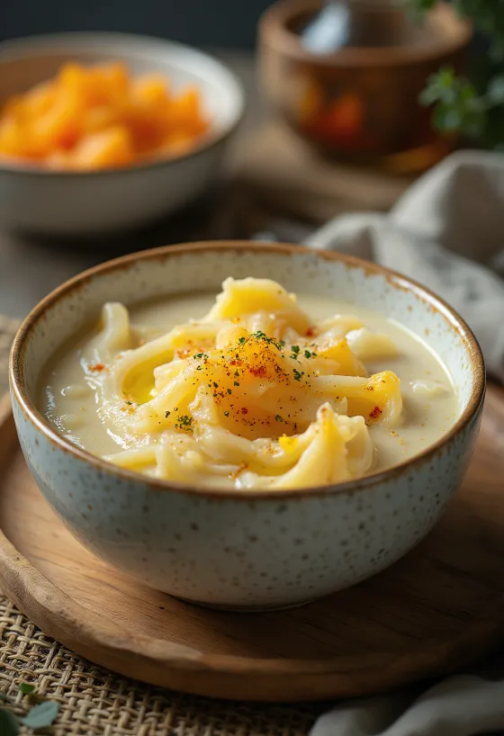 Cremiges Kürbisgemüse mit Dill und Schmand, serviert mit einem knusprigen Brötchen.