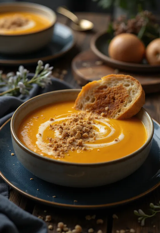 Cremige Kürbissuppe serviert mit gerösteten Kürbiskernen und frischer Petersilie