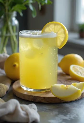 Apfel-Zitronen-Saft im hohen Glas, dekoriert mit frischen Apfel- und Zitronenscheiben
