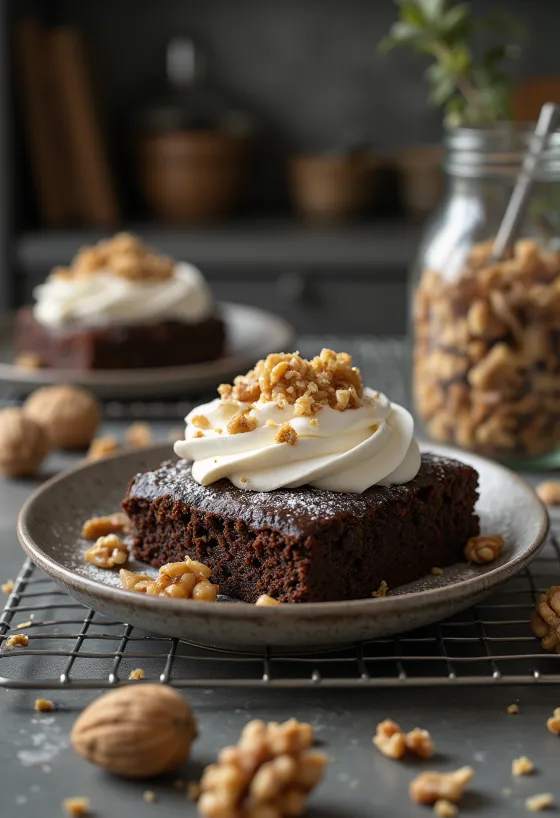 Walnuss-Schoko-Torte verziert mit gerösteten Walnüssen
