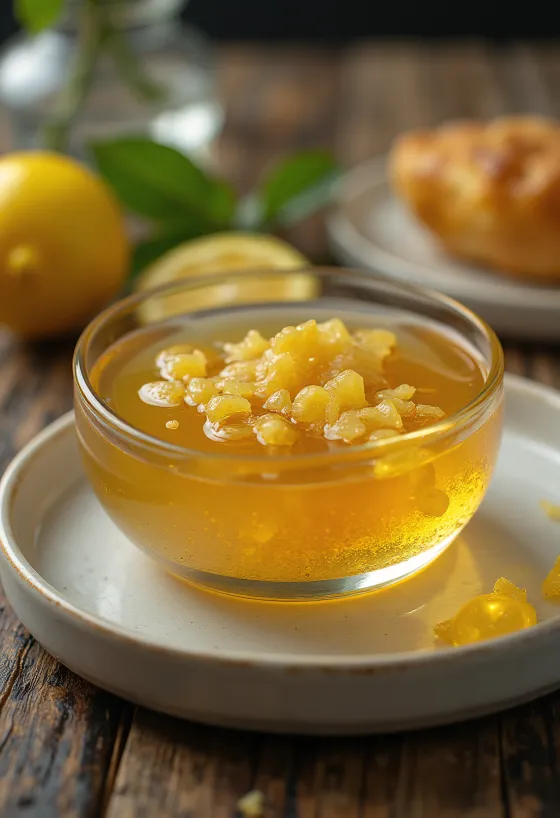 Honig-Zitronen-Glasur mit Ingwer in einer Schale, dekoriert mit Zitronenscheiben und Ingwer.