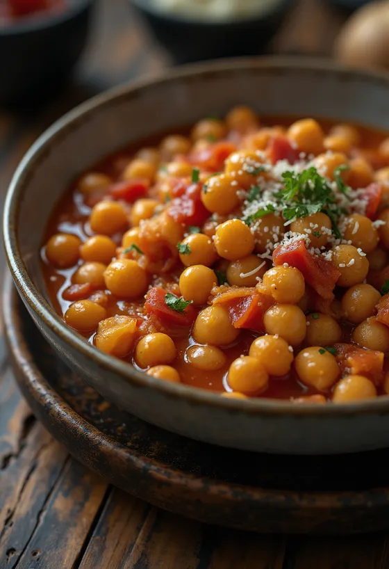 Kichererbsen-Eintopf in Tomatensauce serviert