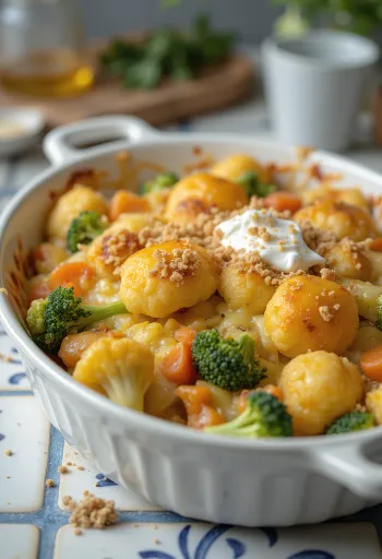 Gemüseauflauf mit weich gebackenem Gemüse, cremiger Sauce und geschmolzenem Käse obenauf
