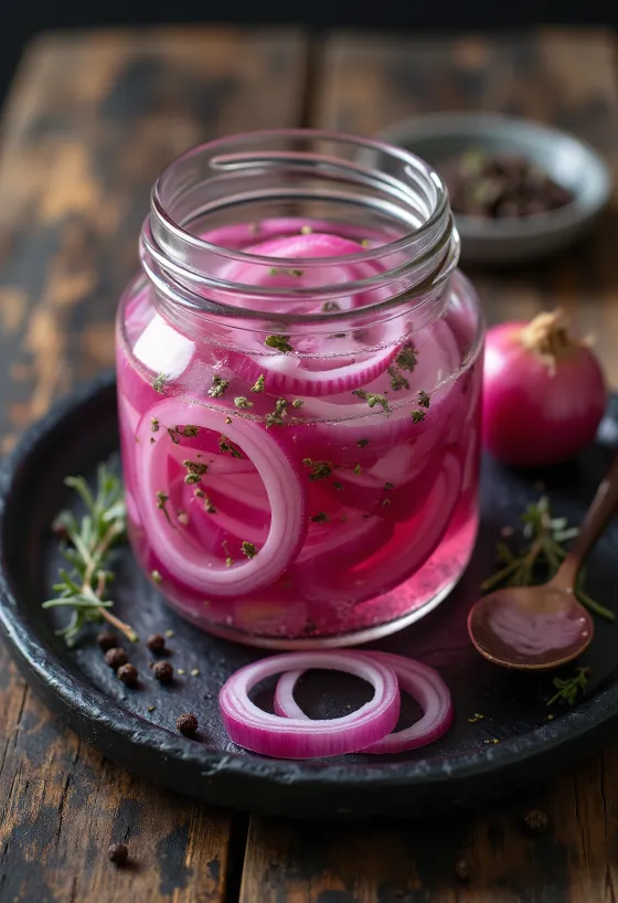 Eingelegte rote Zwiebeln serviert