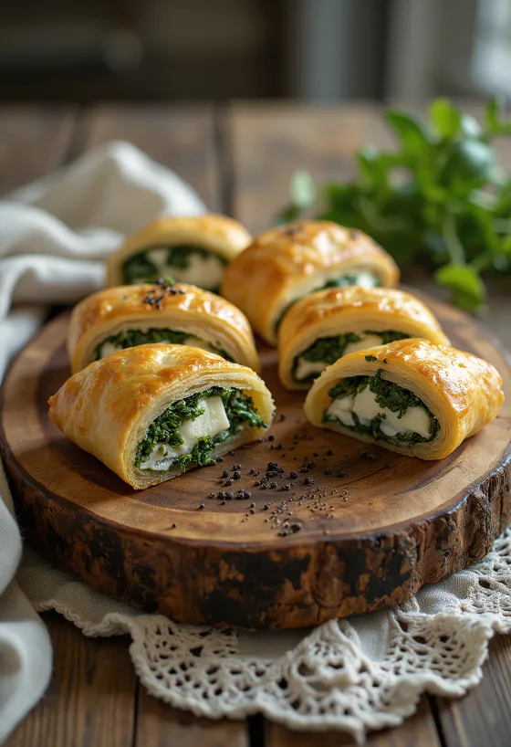Frisch gebackener Spinat-Feta-Strudel mit knusprigem Teig