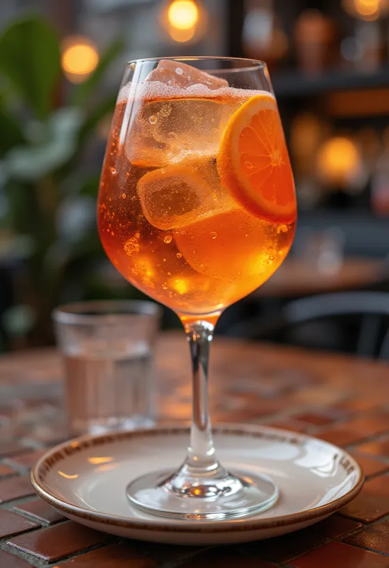 Aperol Spritz dekoriert mit Orangenscheibe und Eiswürfel