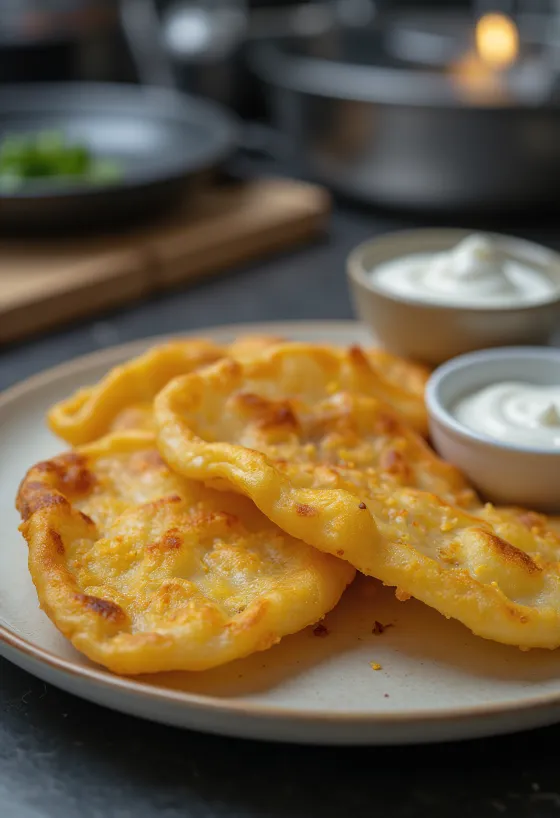 Goldbraun gebackener Kartoffel-Lángos serviert mit Knoblauch-Schmand und geriebenem Käse.