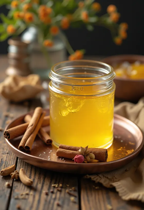 Würziges Ghee, geklärte Butter in Glas abgefüllt, daneben ganze Gewürze in Schale