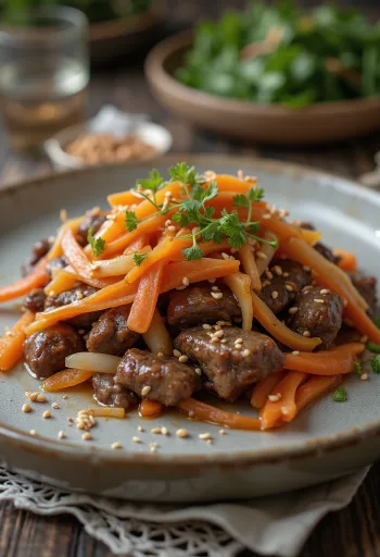Rindfleisch-Bulgogi mit Karotten, koreanisch serviert