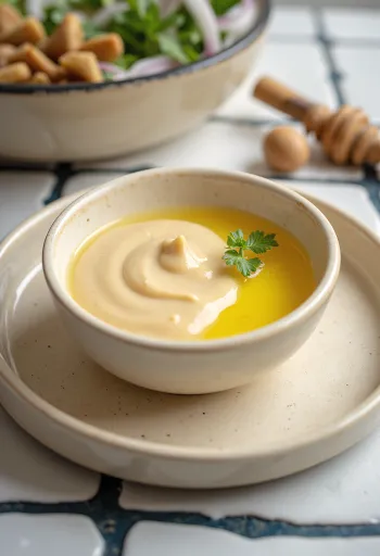 Honig-Ingwer-Tahini-Dressing serviert.