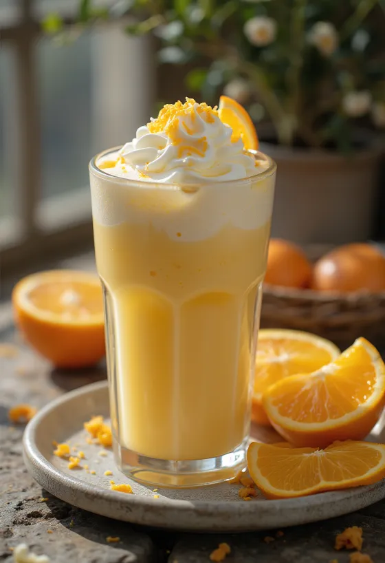 Orangen-Vanille-Frappé, cremiger Eiskaffee mit Sahne und Orangenschale
