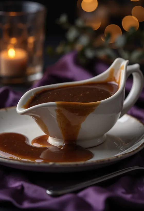 Dunkelbiersoße in einer Sauciere